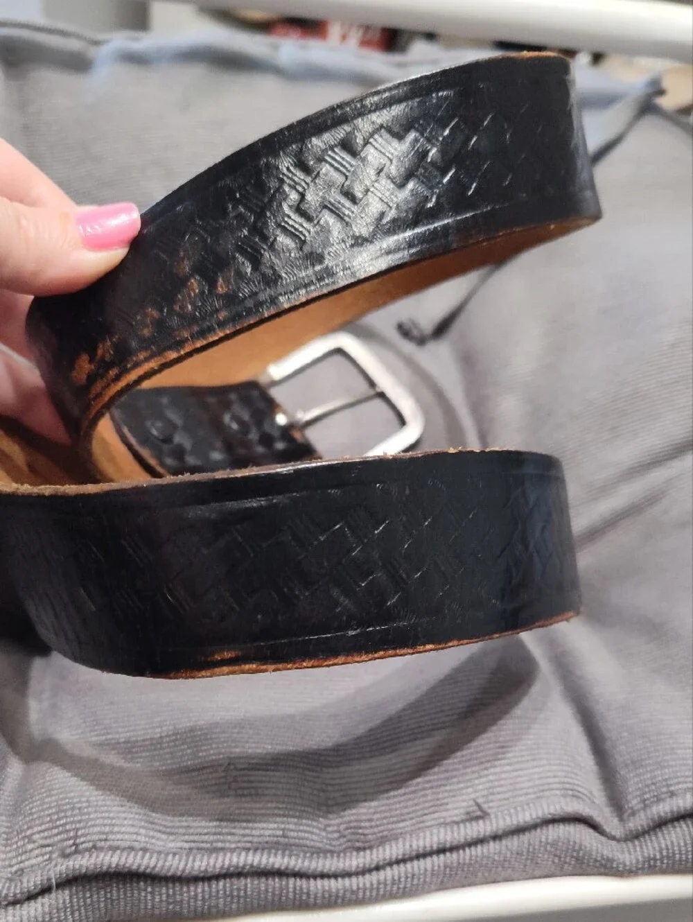 Vintage Black Basketweave Tooled Leather Work Belt Size 34